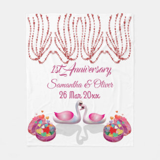 1st Anniversary 2 Swans Love Sweeping Hearts Wings Fleece Blanket