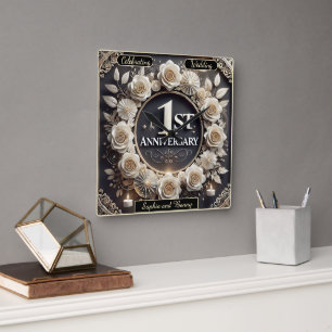 1st Anniversary Elegant Floral Design Milestones Square Wall Clock