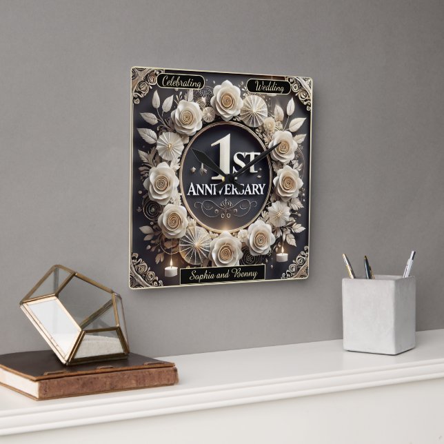 1st Anniversary Elegant Floral Design Milestones Square Wall Clock (Office)