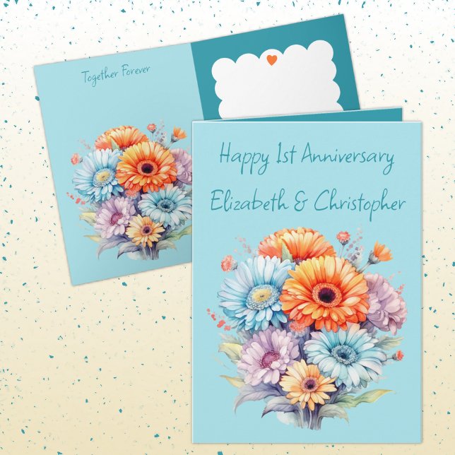 1st Anniversary gerbera flowers blue Card (Creator Uploaded)