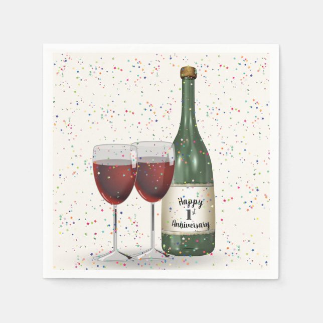 1st Anniversary Party Wine Bottle and Two Glasses Napkin (Front)