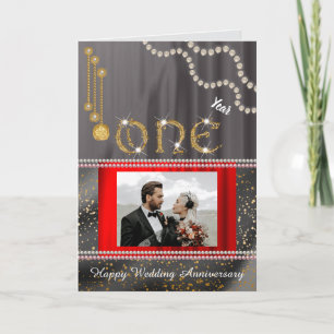 1st Anniversary Photo Greeting Gold & Red Silk Card