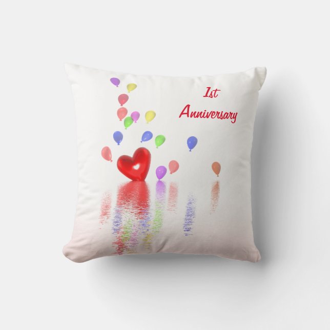 1st Anniversary Red Heart and Balloons Cushion (Front)