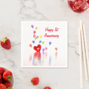 1st Anniversary Red Heart and Balloons Napkin