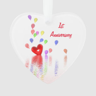1st Anniversary Red Heart and Balloons Ornament