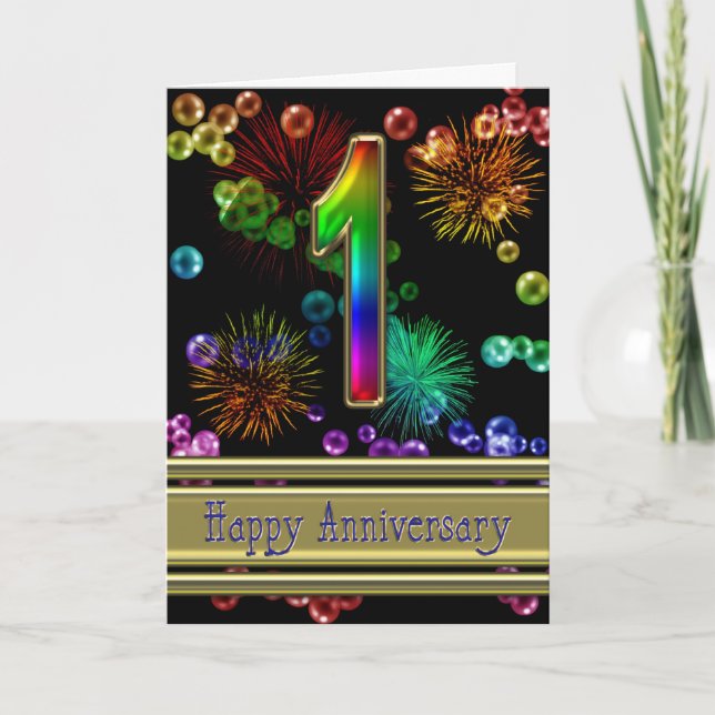 1st anniversary with fireworks and bubbles card (Front)