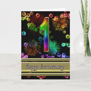 1st anniversary with fireworks and bubbles card