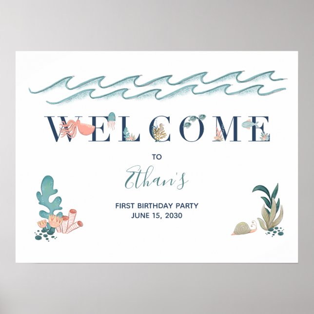 1st Baby Boy Cute Blue Watercolor Under the Sea Poster (Front)