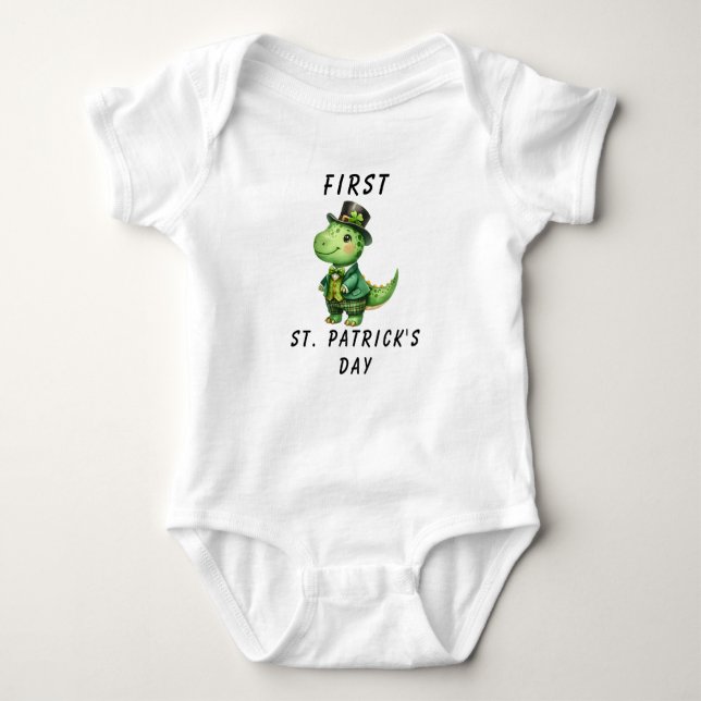 1st Baby Boy St. Patrick's Day Dinosaur Bodysuit (Front)