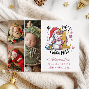 1st Baby Christmas 3 Photo  Pink Gold Unicorn Holiday Card