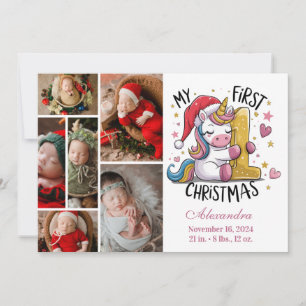 1st Baby Christmas 6 Photo Pink Gold Unicorn Holiday Card