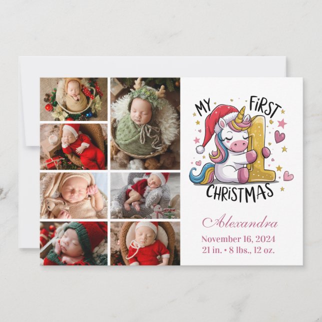 1st Baby Christmas 7 Photo  Pink Gold Unicorn Holiday Card (Front)