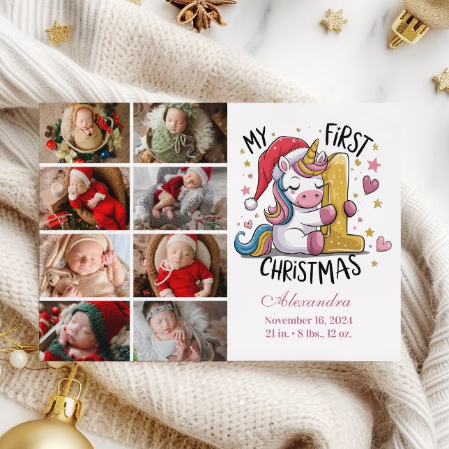 1st Baby Christmas 9 Photo  Pink Gold Unicorn Holiday Card (Creator Uploaded)