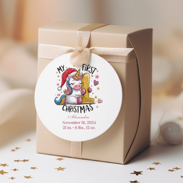 1st Baby Christmas  Pink Gold Unicorn Classic Round Sticker (Creator Uploaded)