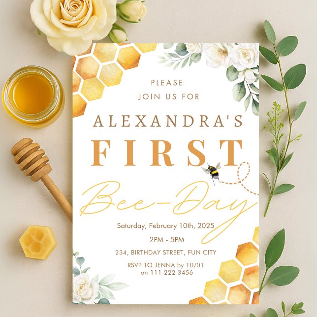 1st Bee Day Bee Birthday Girl Floral Invitation (1st Bee Day Bee Birthday Girl Floral Invitation)