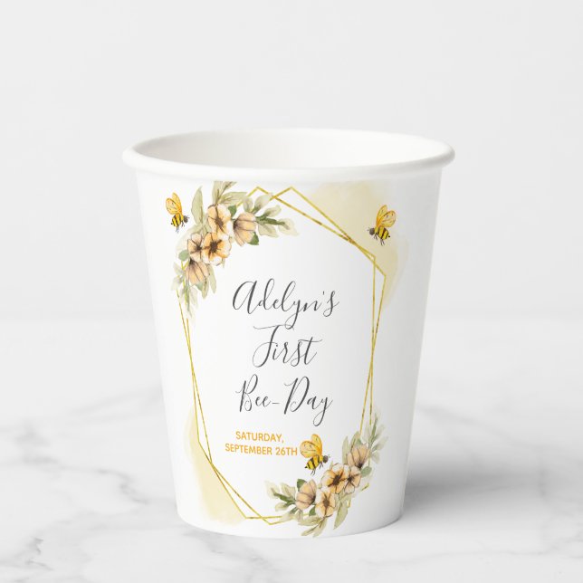 1st Bee-day Girl Botanical White Paper Cups (Front)