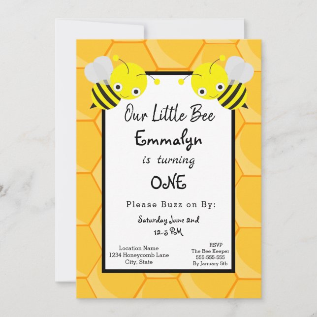 1st Bee Day Honey Birthday Invitation (Front)