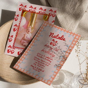 1st Berry Hand Drawn Strawberry Photo Birthday Invitation