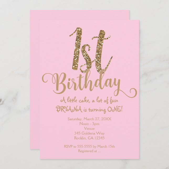 1ST BIRTHDAY 1 Pink & Gold Party One Invitations (Front/Back)