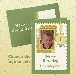 1st Birthday 1 today add photo name gold green Card