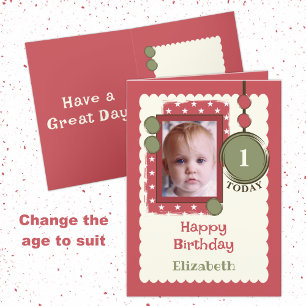 1st Birthday 1 today add photo name red green Card