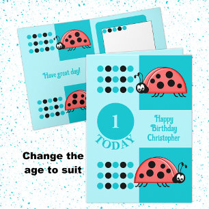 1st Birthday 1 today ladybugs turquoise Card
