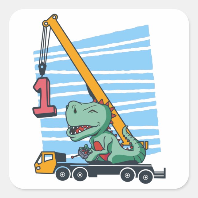 1st Birthday 1 year Mobile Crane Dinosaur Square Sticker (Front)