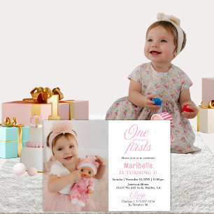 1st Birthday 2 Photo Cute Girl One of Many Firsts Invitation
