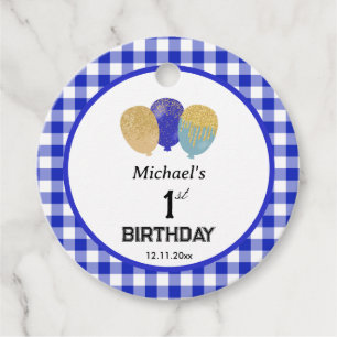 1st Birthday 3 Glitter Balloons & Blue Gingham  Favour Tags