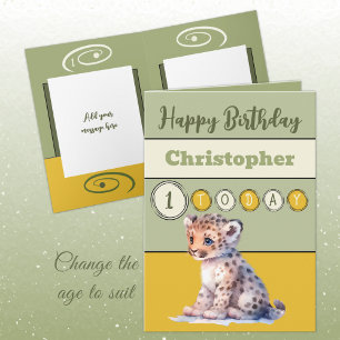 1st birthday add name boy cute animal green card