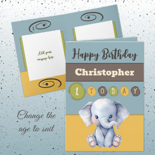 1st birthday add name boy cute elephant blue card