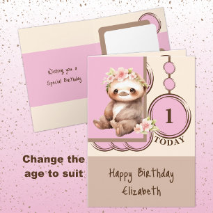 1st Birthday add name cute sloth pink brown Card