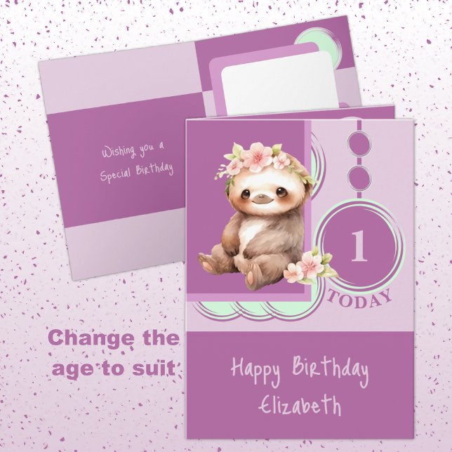 1st Birthday add name cute sloth purple green Card (Creator Uploaded)