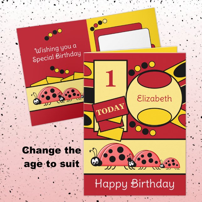 1st birthday add name ladybugs red yellow card (Creator Uploaded)