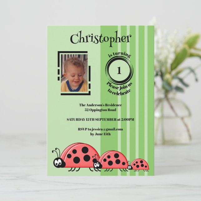 1st Birthday add photo ladybugs red green Invitation (Standing Front)