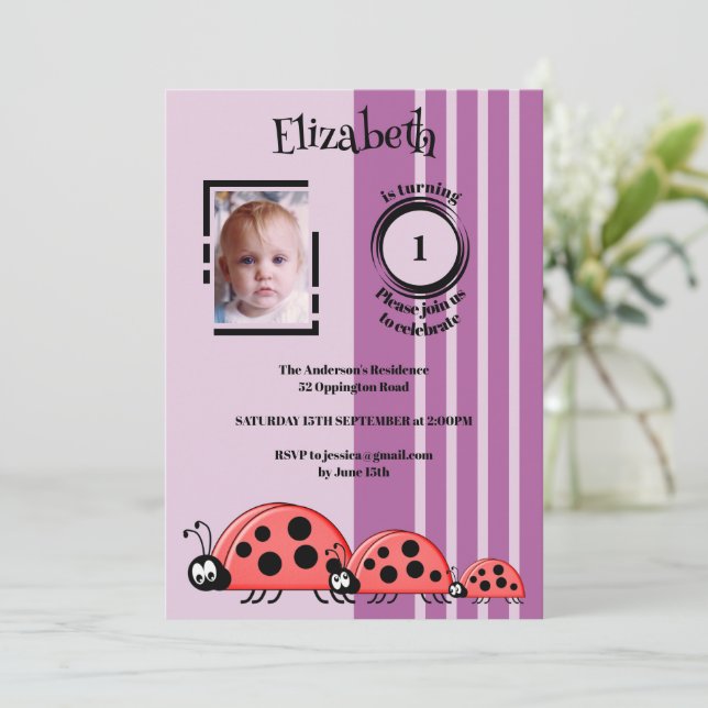 1st Birthday add photo ladybugs red purple Invitation (Standing Front)