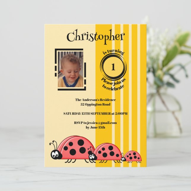 1st Birthday add photo ladybugs red yellow Invitation (Standing Front)
