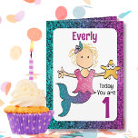 1st Birthday Adorable Sweet Mermaid Cartoon  Card<br><div class="desc">Wish that sweet baby girl a precious 1st birthday with this mermaid card that you can personalise with her name and your message</div>