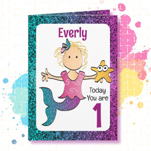 1st Birthday Adorable Sweet Mermaid Cartoon Card