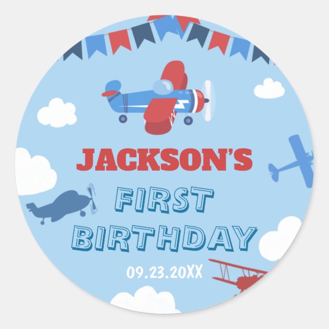 1st Birthday Aeroplane ONE Year Has Flown Sky Clou Classic Round Sticker (Front)
