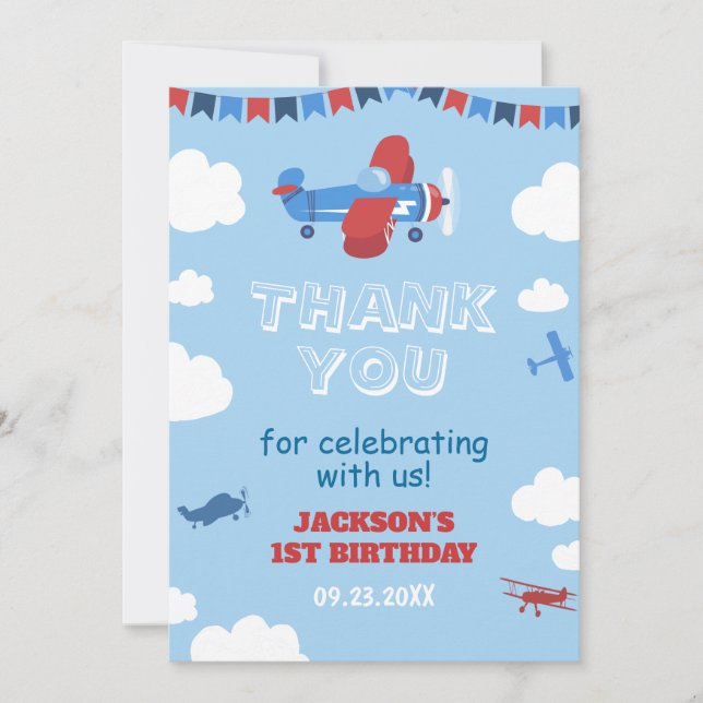 1st Birthday Aeroplane ONE Year Has Flown Sky Clou Thank You Card (Front)