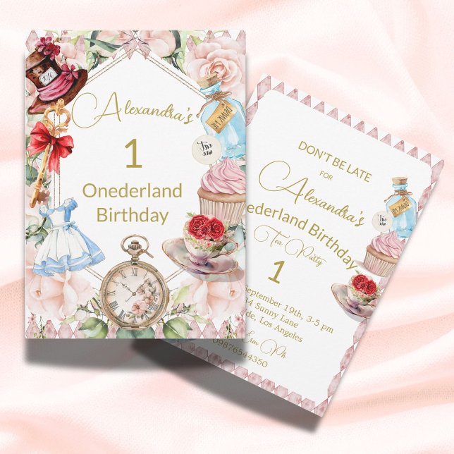 1st Birthday Alice In Wonderland Pink Floral Invitation (Creator Uploaded)