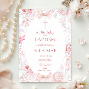 1st Birthday and Baptism for Girl Pink Toile  Invitation