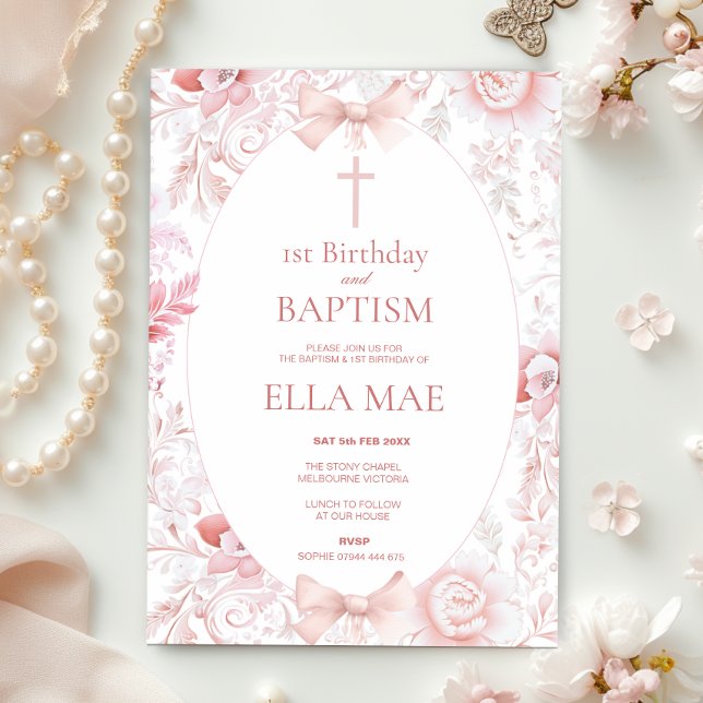 1st Birthday and Baptism for Girl Pink Toile  Invitation (Creator Uploaded)