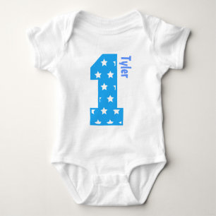 1st Birthday Baby Blue Stars One Year Old Name Baby Bodysuit