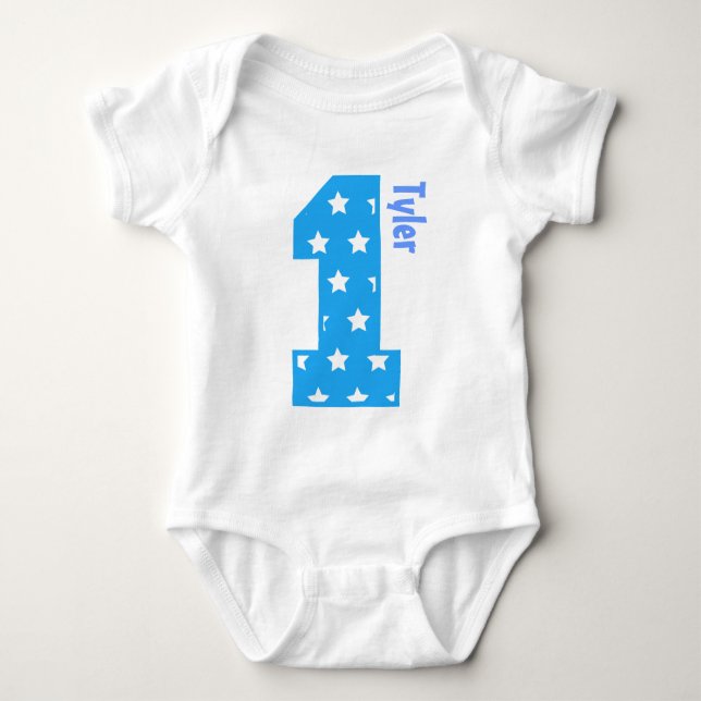 1st Birthday Baby Blue Stars One Year Old Name Baby Bodysuit (Front)