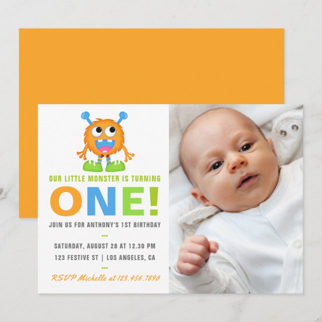 1st Birthday Baby Boy Add Photo Party Invitation (Front/Back)