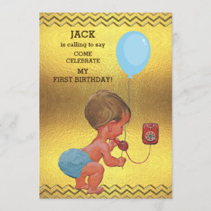 1st Birthday Baby Boy Phone Balloon Gold Chevrons Invitation