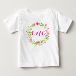 1st Birthday Baby Girl Floral Wreath T-Shirt