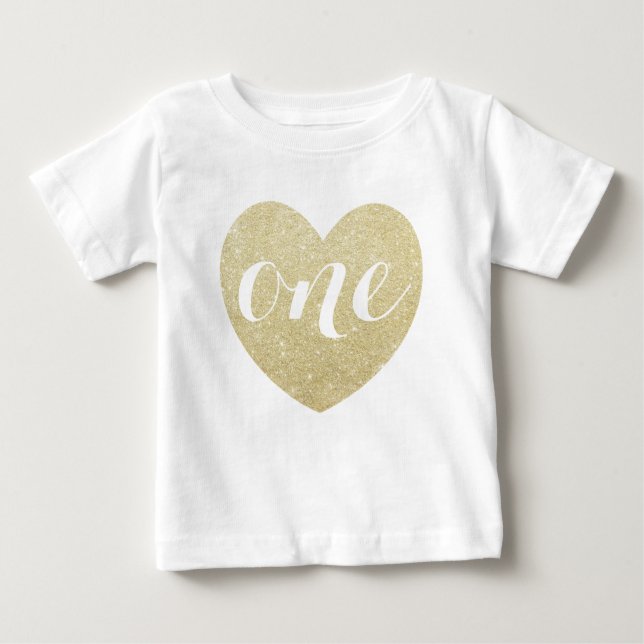 1st Birthday Baby Girl Glitter heart-Print Baby T-Shirt (Front)